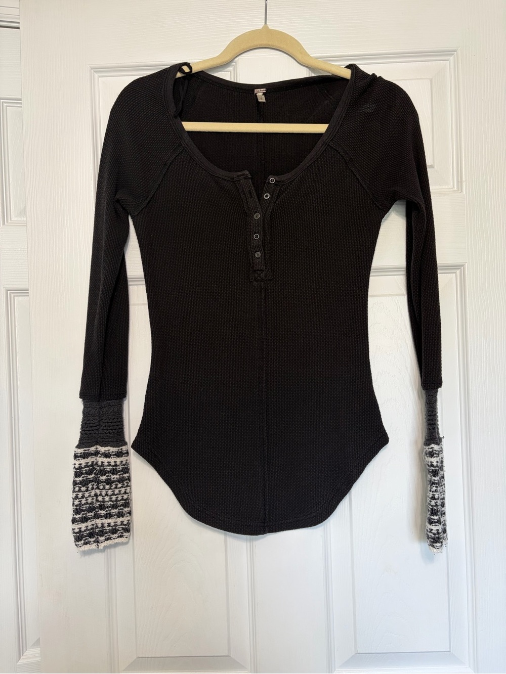 Free People Black Henley Long-Sleeve Top with Patterned Cuffs